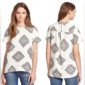 Madewell Estate Paisley Oversized Black Ivory Tailored Top Blouse Short Sleeve